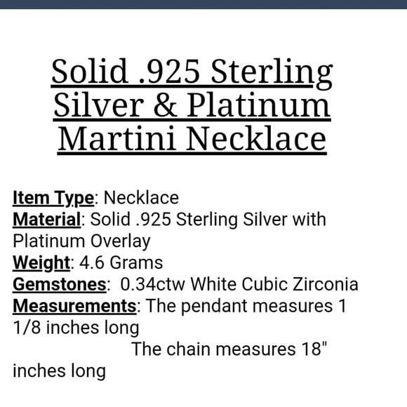 Solid 925 SS w/ Platinum Overlay Martini Necklace - Picture 4 of 10